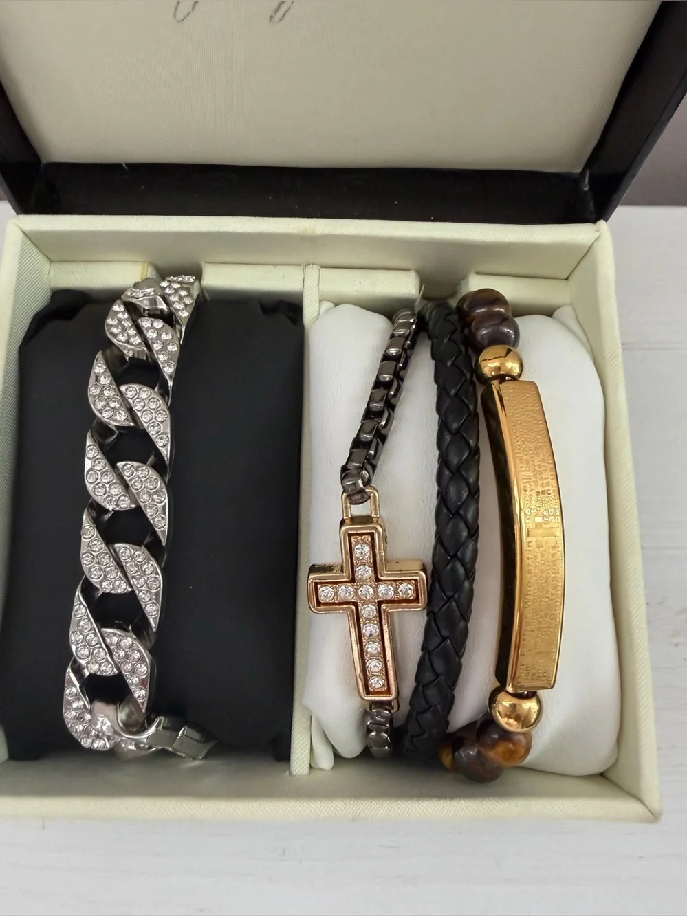 Men's Black and Gold Bracelet Set with Crystal Cross